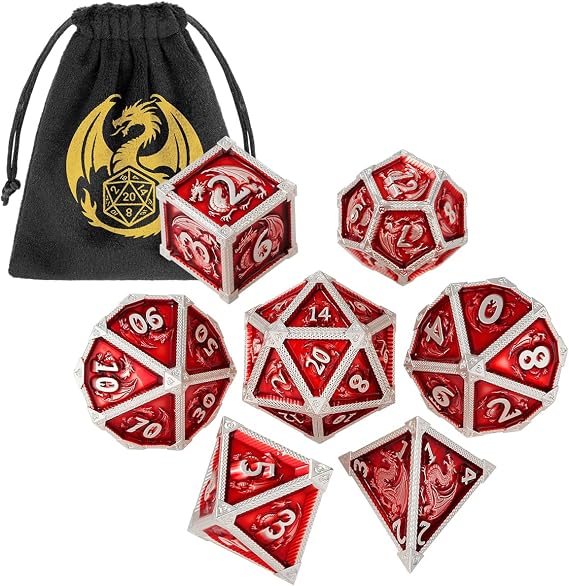 Metal Dice Set, Fly Dragon Pattern, 7pcs Polyhedral Metal DND Dice Set, DND Starter Set, D&D Gifts with Gift Bag, Role Playing Board Games