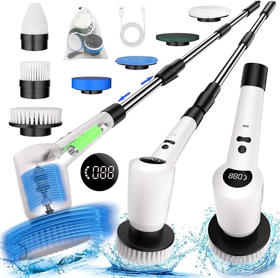 Electric Spin Scrubber,Upgrade Electric Spin Cordless Tub and Tile Scrubber w/ Adjustable Extension Arm,3 Speed 7 Replaceable Cleaning Heads,Power Spin Scrubbers Cleaning Bathroom,Floor,Car