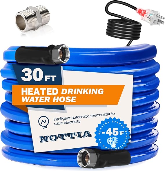 30FT Heated Water Hose for RV, Freeze Protection to -45F, Lead-Free & BPA-Free, Safe for Campers, Gardening, Livestock, Home Use
