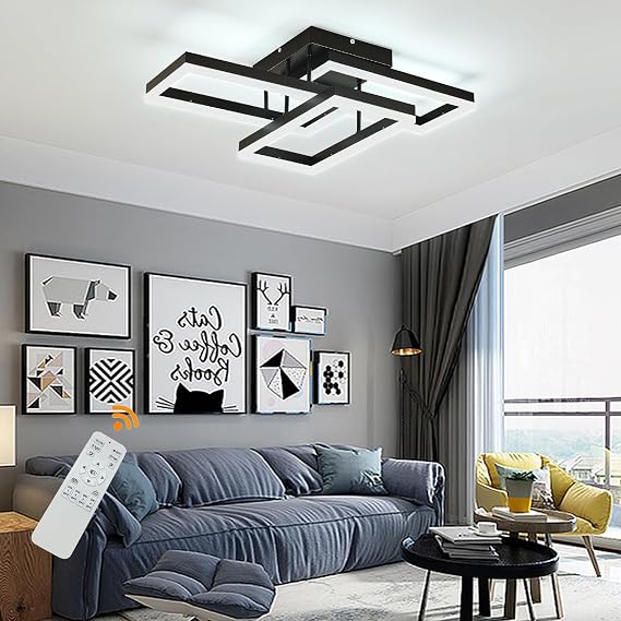 Modern Ceiling Light Black 3-Square Flush Mount Chandelier Remote Control 50W Led Dimmable Rectangle Contemporary Close to Ceiling Light Fixture for Bedroom Living Room Dining Room