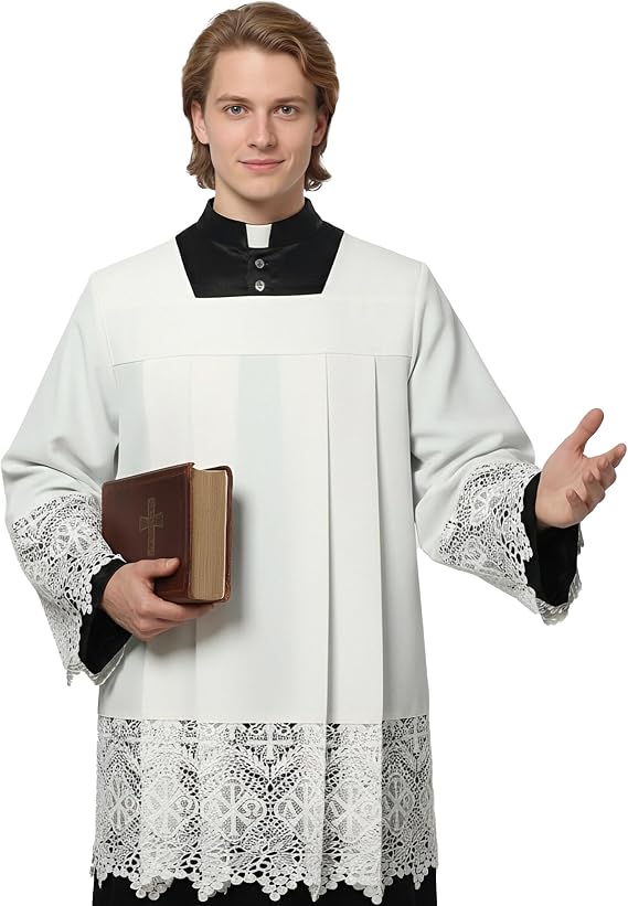 Catholic Premium Clergy Vestment Set Elegant White Surplice with Pleated Lace Details