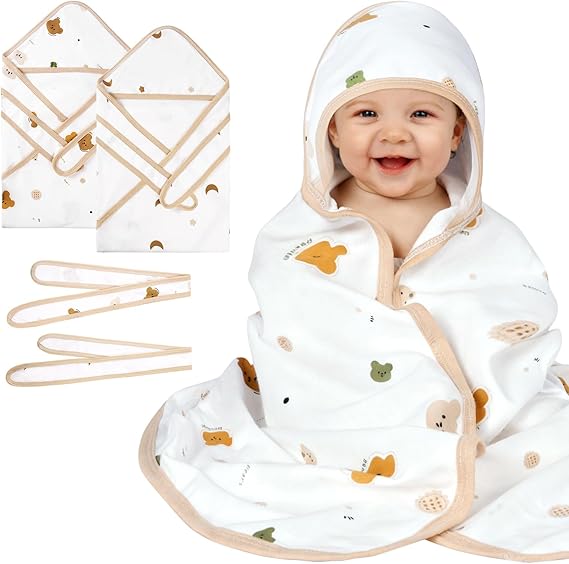 Baby Swaddle Blankets, 2 Pack 85 x 85cm Cotton Baby Swaddle Blanket with Hood, Soft, Absorbent, Essentials for Newborn, Shower Gifts for New Moms, 0-3 months