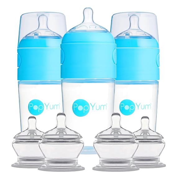 PopYum Blue 9oz Formula Making Baby Bottle + Nipple 7 Piece Bundle