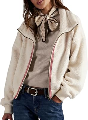 Esmeling Women Fleece Sherpa Jacket Long Sleeve Zip Up Cropped Coat Fall Winter Fuzzy Coat With Pockets