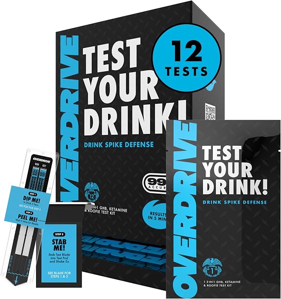 Drink Spiking Test Kit 2.0 Overdrive Defense 12 Pack 99% Accuracy Beverage Safety Test Fast Results in 5 Minutes Easy to Use, Portable Protection Tool, Bar Essential