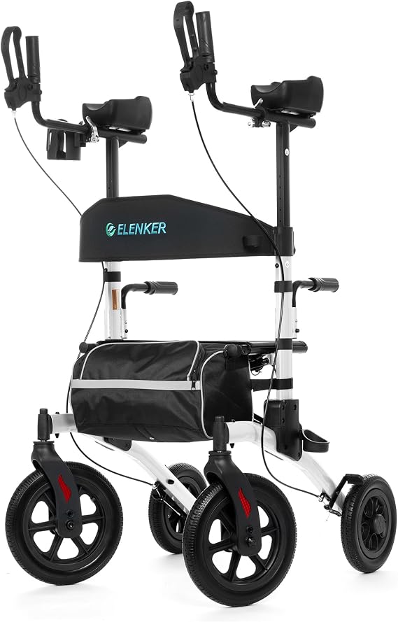 ELENKER All-Terrain Upright Rollator Walker, Stand up Rolling Walker with Seat, 12 Non-Pneumatic Tire Wheels, Compact Folding Design for Seniors, White