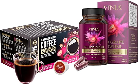 VINIA Resveratrol Heart Health, Piceid Resveratrol Capsules (30 Count) + Superfood Coffee K-Cup Pods (60 Count) | Supports Blood Flow, Nitric Oxide & Energy