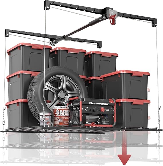Overhead Garage Storage Rack for 8-10 FT Ceiling, Heavy-duty 4x4 FT Ceiling Storage Racks with Safety Lock, Ideal for Garage Storage Mounted Lift System and Storage Organizer, 250lb Capacity