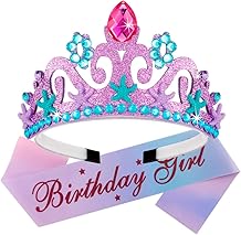 Canitor Mermaid Birthday Tiara, Crown, and Sash - Girl's Party Decorations and Favors with Headband