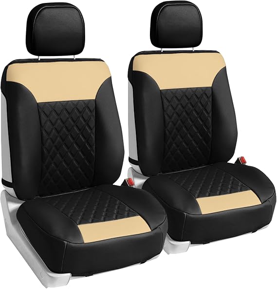 TLH Deluxe Faux Leather Diamond Pattern Car Seat Cushion Front Only, Beige Black Seat Cushions- Airbag Compatible, Universal Fit Automotive Car Seat Protector Van Seat Cover for Car, Auto, Trucks, SUV