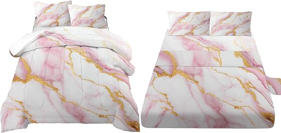 Pink Marble Bedding Set Twin Size Bed in a Bag Pink and Gold Glitter Marbling Comforter Set with Sheets for Teen Girls