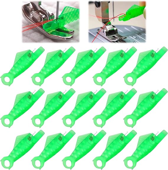 Redamancy 15 Pcs Fish Mouth Sewing Machine Needle Threader, Sewing Machine Needle Threader, Automatic Needle Threader for Sewing Machine, Easy Selfthread Needle Threaders Tool, for Craft DIY(Green)