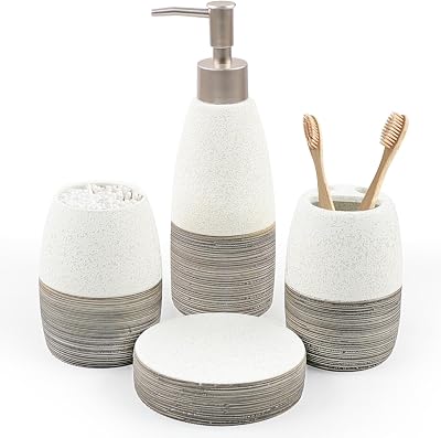 CERBIOR Bathroom Accessories Set,4 Pcs Ceramic Bathroom Decor Accessory,Includes Toothbrush Holder, Toothbrush Cup, Soap Dish for Decorative Countertop and Housewarming Gift, Grey White