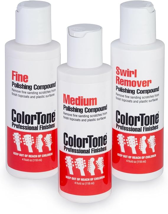 ColorTone Polishing Compounds, Set of Three Medium, Fine and Swirl Remover 4-oz Bottles High-Gloss Guitar Finish Restorer Removes Fine Sanding Scratches & Buffing Marks