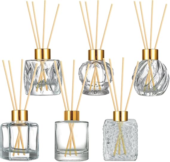 Reed Diffuser Bottles Set, 6PCS 100ml Empty Refillable Diffuser Jars with 30pcs Reed Sticks(Random Color), Diamond Glass Bottles with Lids for Home & Office