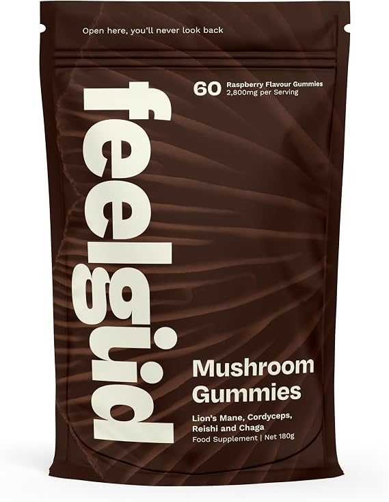 Mushroom Gummies with Lion's Mane, Chaga, Cordyceps & Reishi, 2,800mg 4-in-1 Blend with B12 & B6, 60 Raspberry Flavour Gummies, Supporting Brain Function, Sleep, Immunity & Natural Energy