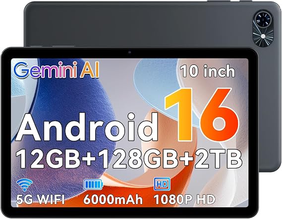 Tablet 10 Inch,Android 16 Tablet,Gemini AI 2.0 Android Tablets|12GB RAM+128GB ROM(TF 2TB)|5G WiFi|120Hz|6000mAh Fast Charging|1080P HD|Bluetooth 5.0|Smart Lens|GPS|-Grey