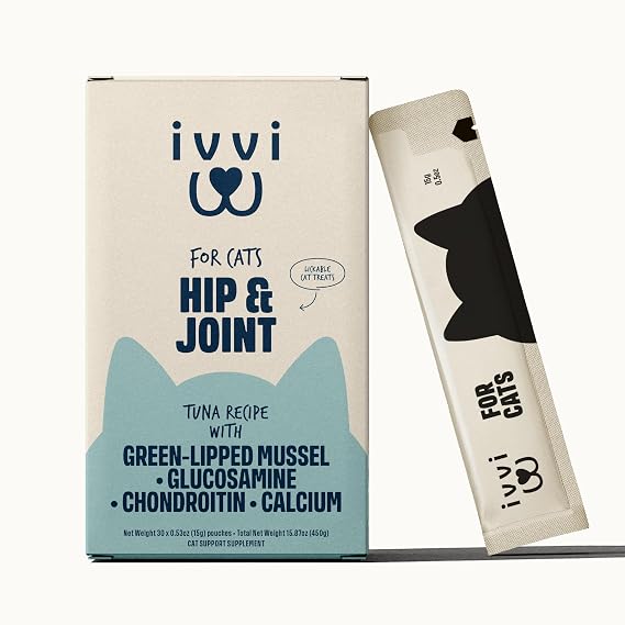 ivvi Hip & Joint for Cats Functional Cream with Glucosamine, Chondroitin, Green-Lipped Mussel & Salmon Oil Mobility Support 30 x 0.53 oz Sachets with Real Tuna