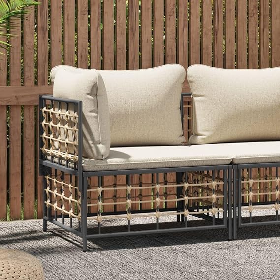 Outdoor Garden Furniture Set - Beige Poly Rattan Corner Sofa and Cushion Patio Dining Set Stylish and Comfortable Outdoor Seating for Balcony and Patio