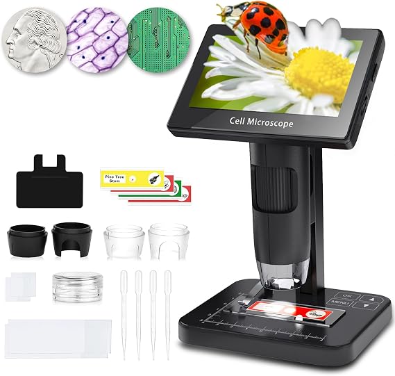 Digital Microscope for Adults & Kids, 5.0'' Screen, 1000x Optical & 8X Digital Zoom, Coin Magnifier with Light, Photo & Video Capture for Observing Cells, Coins, Soldering Joints, Specimens