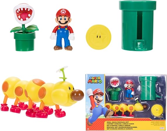 Nintendo Super Mario Soda Jungle Diorama Includes 3 Figures and 2 Accessories: 2.5-Inch Mario, Wiggler, Piranha Plant, Warp Pipe, Coin. Ages 3+ (Officially Licensed)