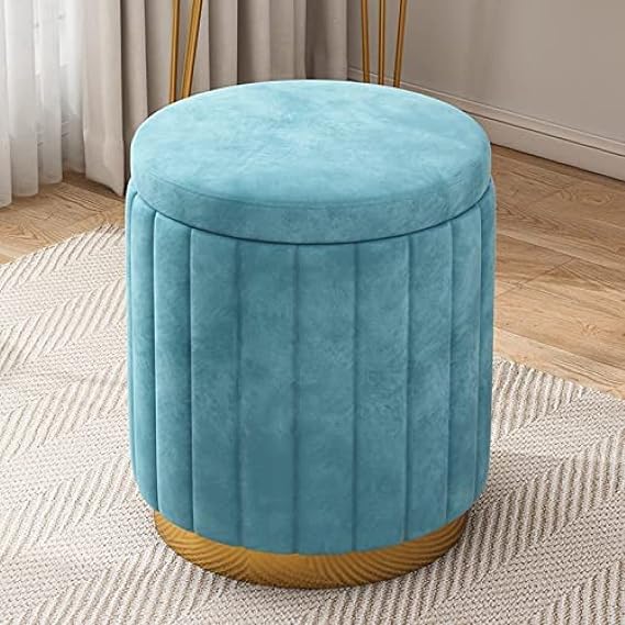 Footstool,Large Capacity Round Velvet Storage Ottoman with Gold Base - Soft Foot Rest Stool - Luxurious Vanity Stool Chair - Upholstered, Perfect for Extra Storage