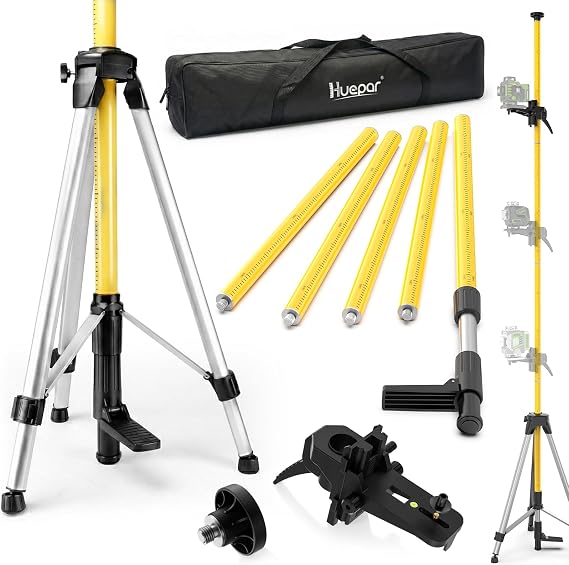 Huepar 12 Ft./3.7M Professional Laser Level Pole with Tripod and 1/4-Inch by 20-Inch Laser Mount for Rotary and Line Lasers, Adjustable Telescoping Laser Pole with 5/8"-11 Threaded Adapter-LP36A