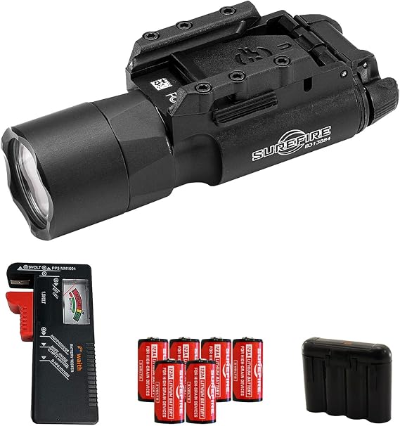 SureFire X300 Ultra LED Tactical Light with Rail-Lock Mount (Black), 1000 Lumens, 4-Pack 123A Li Batteries, Waith Battery Tester, Waith Battery Case Bundle Set