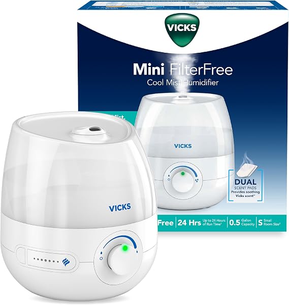 Vicks Mini Filter Free Cool Mist Humidifier for Small Room, White | Variable Mist Control, 0.5 Gallon tank capacity for 24 hours runtime, Works with Vicks VapoPads