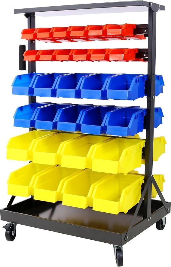 6-Tier Dual-Sided Rolling Bin Rack Heavy-Duty 350 lbs Capacity Storage System with 60 Color-Coded Organizer Bins, Tray & Locking Casters for Garage, Workshop & Office