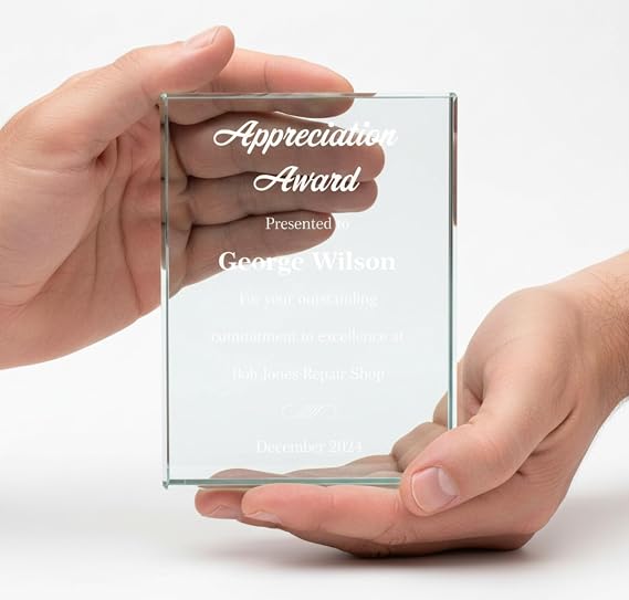 Custom Engraved Plaque Award 6 Inches Tall Glass Awards with Engraving - Personalized Employee Recognition - Choose Your Award Title: Appreciation, Achievement, Excellence, Retirement, and More
