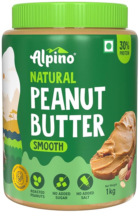 ALPINO Natural Peanut Butter Smooth - Made with 100% Roasted Peanuts - 30g Protein, No Added Sugar & Salt, Gluten Free Plant Based, Unsweetened Peanut Butter Creamy (1 KG)