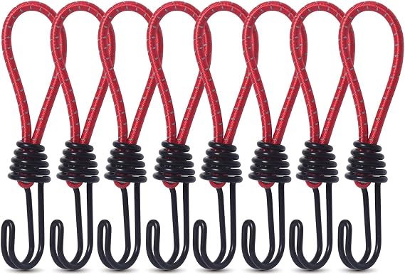 Hikeman 8 Pack 8mm Bungee Cord Hooks Black Anti-Rust Paint Spiral Wire Hooks with Separable Reflective Elastic Rope Heavy Duty Strapping Tape Hooks for Camping Trucks Boats (Red)