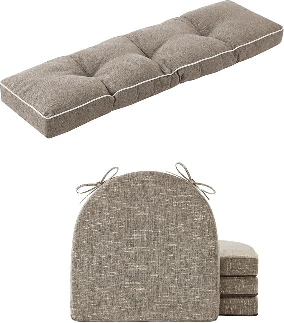 IPYNBAP Bench Cushions for Indoor/Outdoor Furniture (42 x16 x 4 inch) & Chair Cushions for Dining Chairs Set of 4 (16 x16 x 2 inch), Khaki
