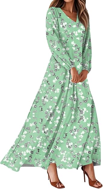 Womens Long Sleeve Dress Empire Waist Printed Casual Pleated Dressy Boho Maxi Dresses 2025, S-2Xl