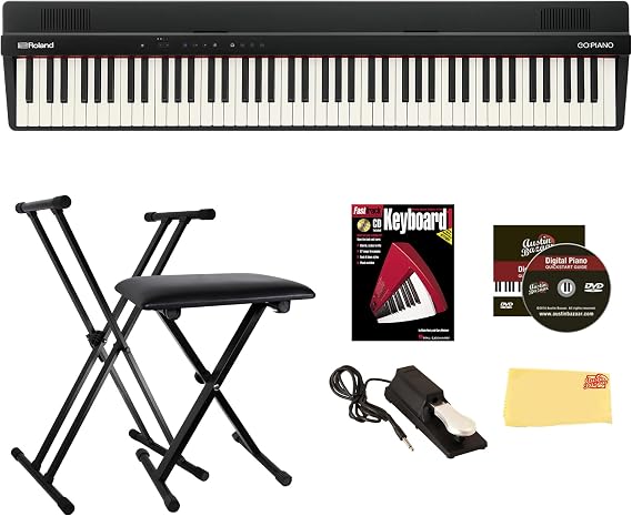 Roland GO-88PX 88-Key Digital Piano Bundle with Adjustable Stand, Bench, Sustain Pedal, Instructional Book, Austin Bazaar Instructional DVD, and Polishing Cloth