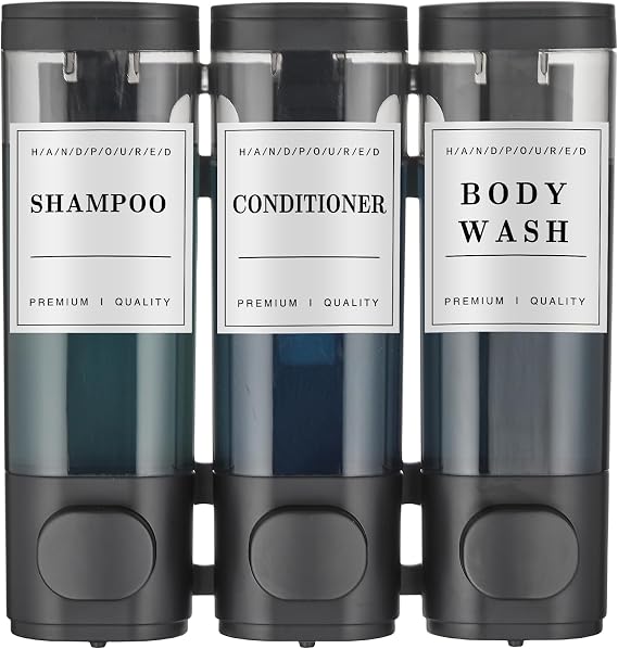 3-Chamber Wall-Mounted Shampoo and Conditioner Dispenser for Shower With Large Capacity - No-Drill Soap Dispenser for Bathroom, Hotel, Black