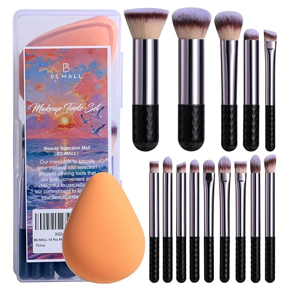 BS-MALL 14 Pcs Premium Synthetic Makeup Brushes Set & Dual-sided Blending Sponge - Professional Face & Eye Tools for Foundation, Powder & Concealer Application (Orange)