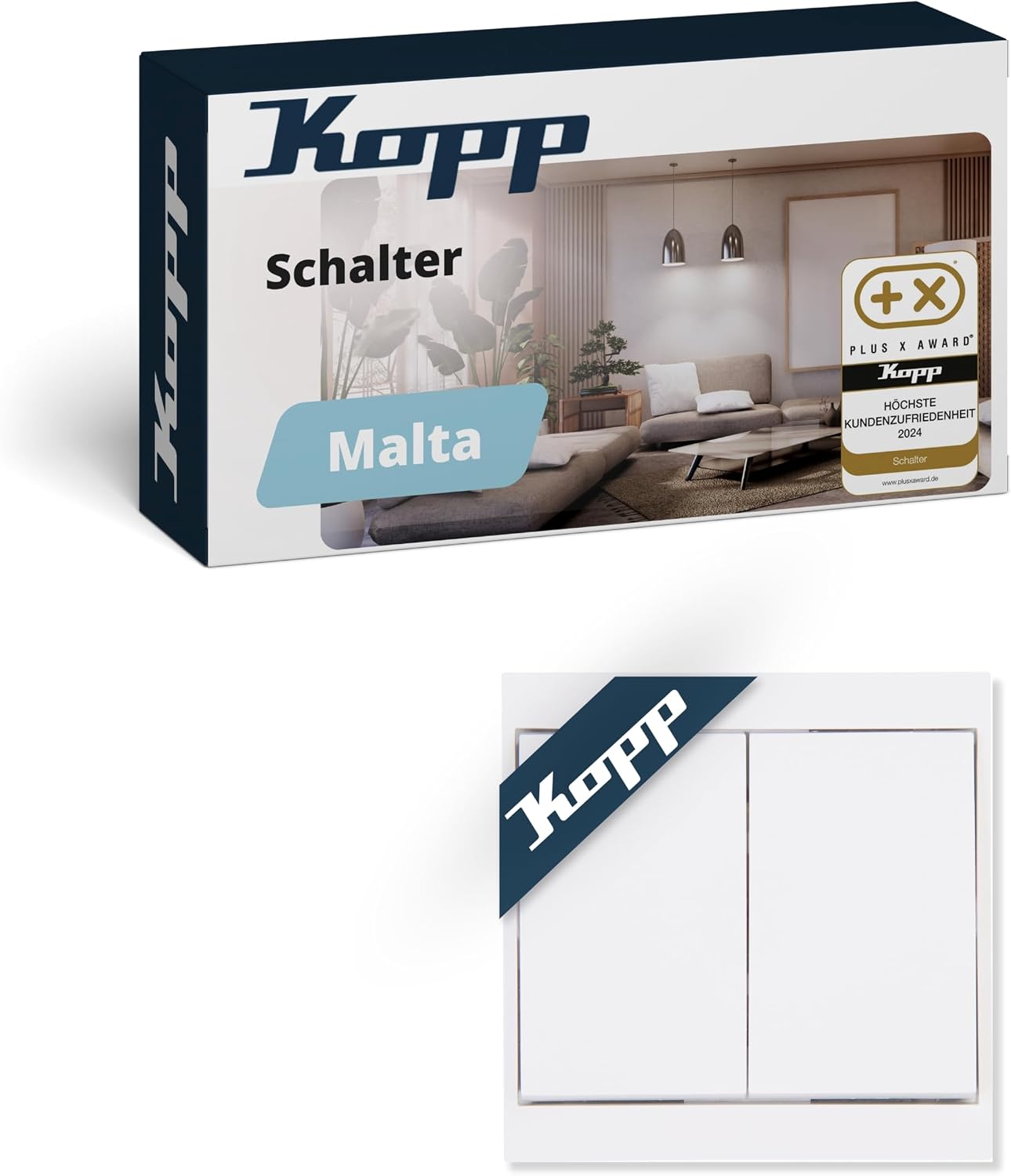 Kopp MALTA Serienschalter in Arktis-Weiß - Hochwertiger Doppel-Lichtschalter mit 10AX Schaltvermögen - IP20 Schalter-Unterputz mit Wippe & Steckklemmen - Stilvoller Doppelschalter 250V~