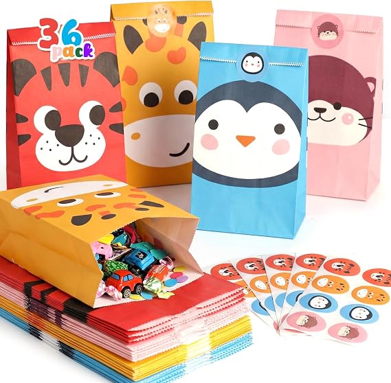VGOODALL 36 Pack Animal Party Favor Bags with Stickers, 4 Designs