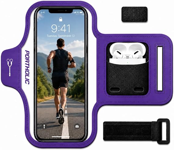 PORTHOLIC 2026 Running Armband Water Resistant Sports Phone Holder Case with Extension Strap,Card Slot Up to 6.9" Phone for iPhone 17/16/15/14/13 Plus Air Pro Max XR/XS