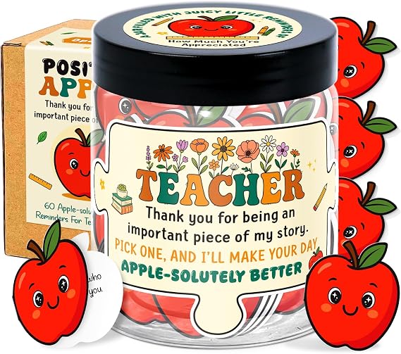 Apple For Teacher Gift - Teacher Gifts for Women - 60 Positive Apple Daily Affirmation Cards Jar - Teachers Day Graduation End of The Year Birthday Appreciation Thank You Gifts for Teachers Women