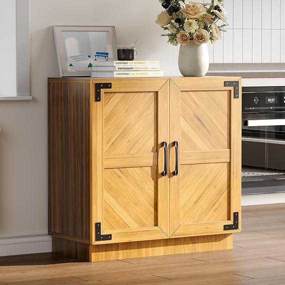 80 cm Farmhouse Sideboard Buffet Cabinet with Storage, Modern Coffee Bar Cabinet with Adjustable Shelf & Doors, Storage Credenza for Kitchen, Living Room, Dining Room, Entryway – Oak & Black