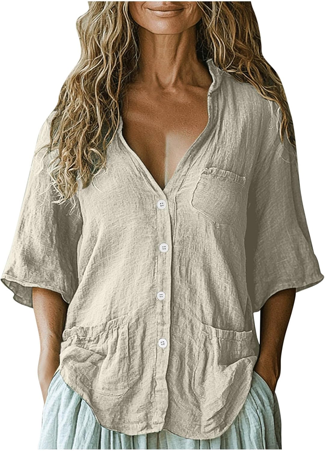 Womens Casual Summer Tops Cotton Linen Button V-Neck Blouse Half Sleeve Loose Shirts Tunics with Pockets