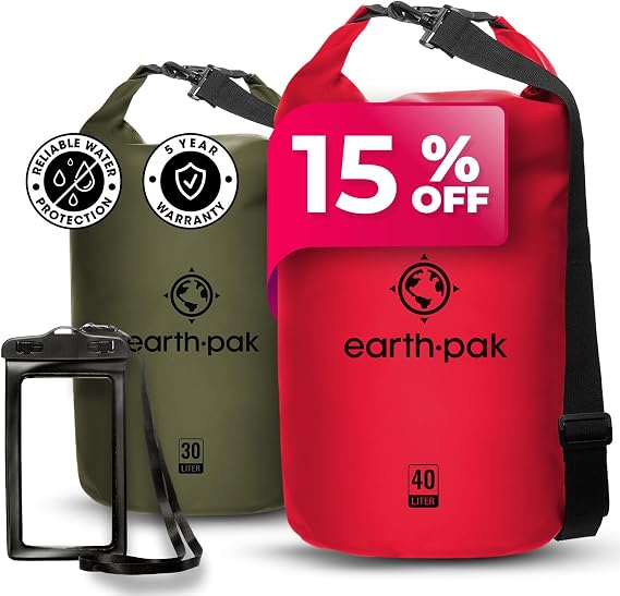 Earth Pak Waterproof Dry Bag - Roll Top Waterproof Backpack Sack (Red 40L & Green 30L)