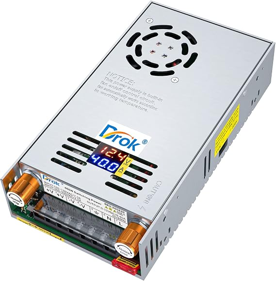 DROK 12V Power Supply, AC 110V 220V to DC 0-12V 0-40A 480W Buck Converter, Volt Amp Adjustable Adapter Regulated 5V 9V 12Volt Switching Voltage LED Transformer Charger for Computer CCTV Lab