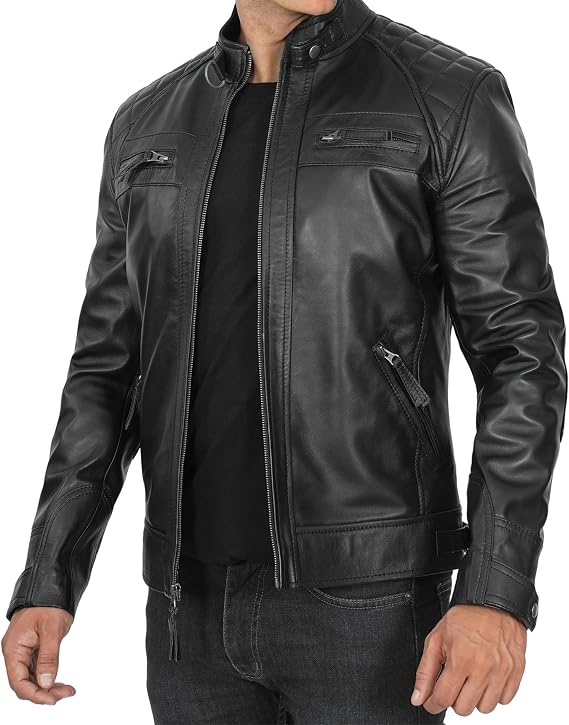 Blingsoul Men's Leather Motorcycle Style Jacket - Quilted Cafe Racer Biker Style Jacket for Men