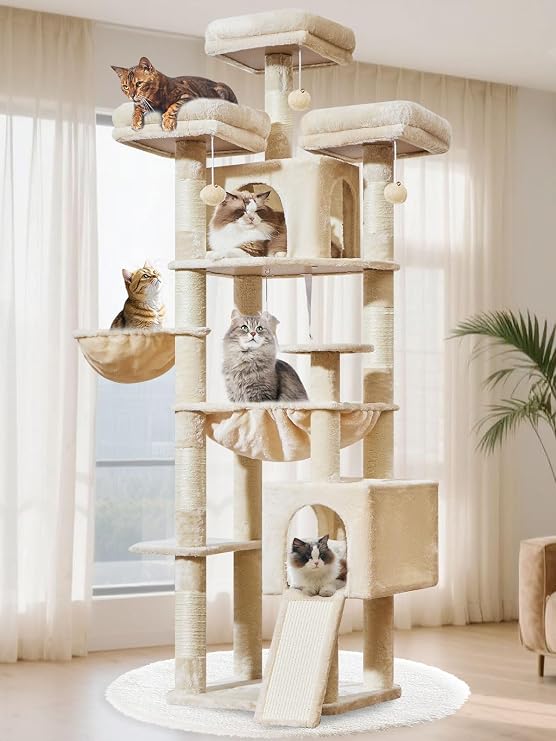 Taoqimiao Cat Tree, 193 CM Tall cat tower Cat Tree for Indoor Cats | floor to ceiling cat tree with 7 Sisal Scratching Posts, 3 Top Perches ,Cozy Condos, Metal Hammock, Beige MS047M