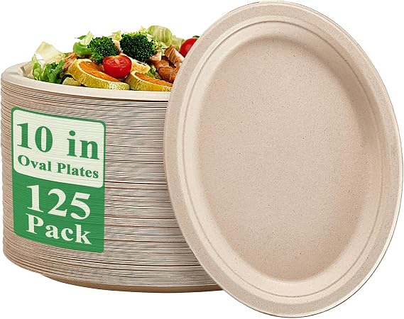 Vplus 100% Compostable Oval Paper Plates 10 inch 125 Pack, Nature
