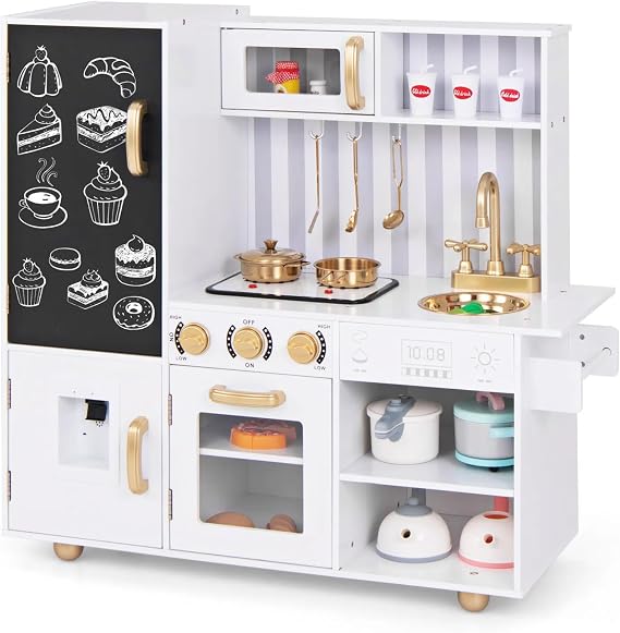 HONEY JOY Kids Kitchen Playset, Wooden Little Chef Pretend Play Kitchen Set wChalkboard & Water Dispenser, Lighted Stove, Storage Cabinet, Utensils, Play Kitchen for Toddlers, White  Golden